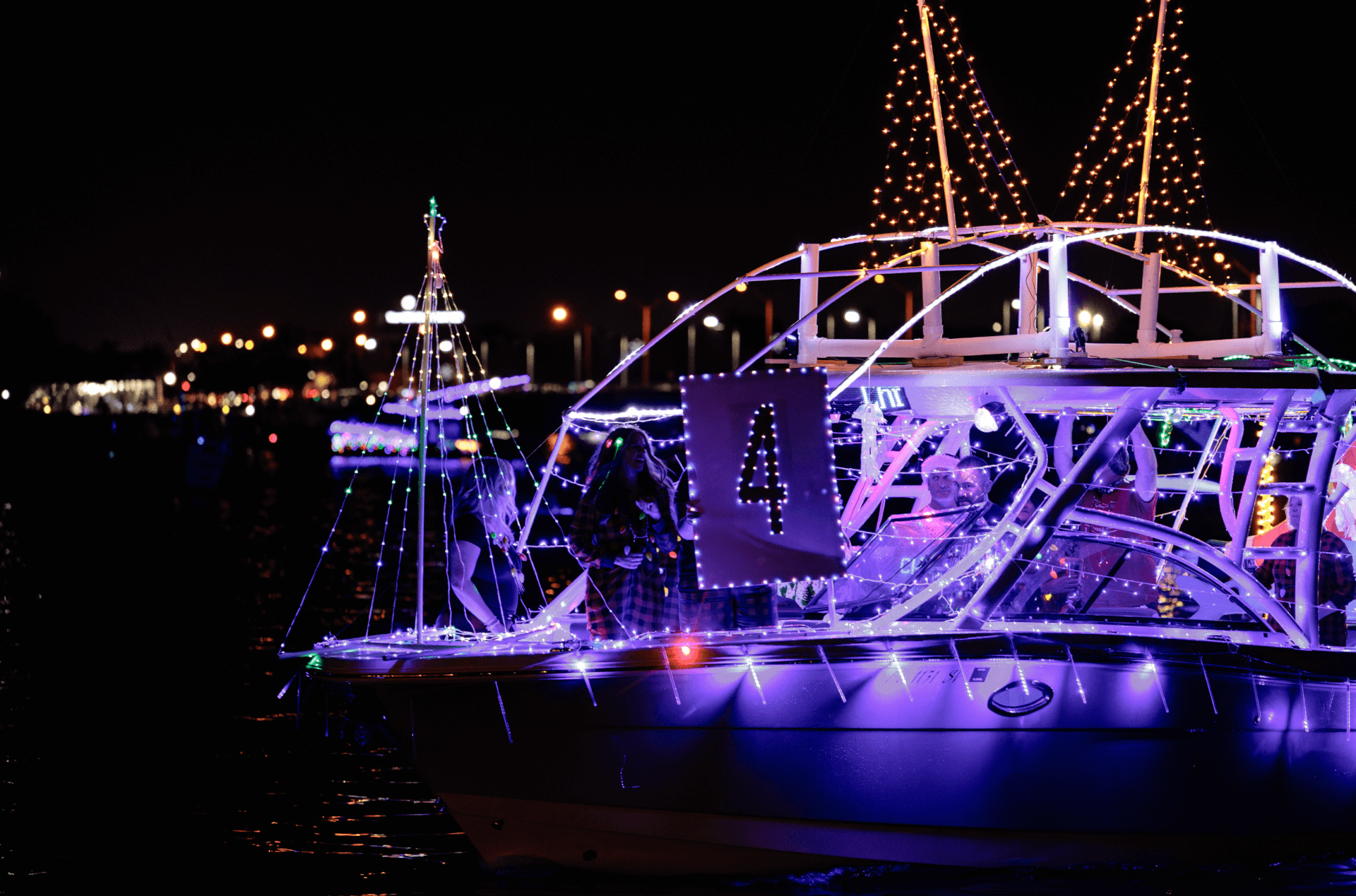 a boat with lights on it